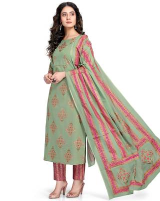 Light-green printed cotton ethnic-kurtis 3