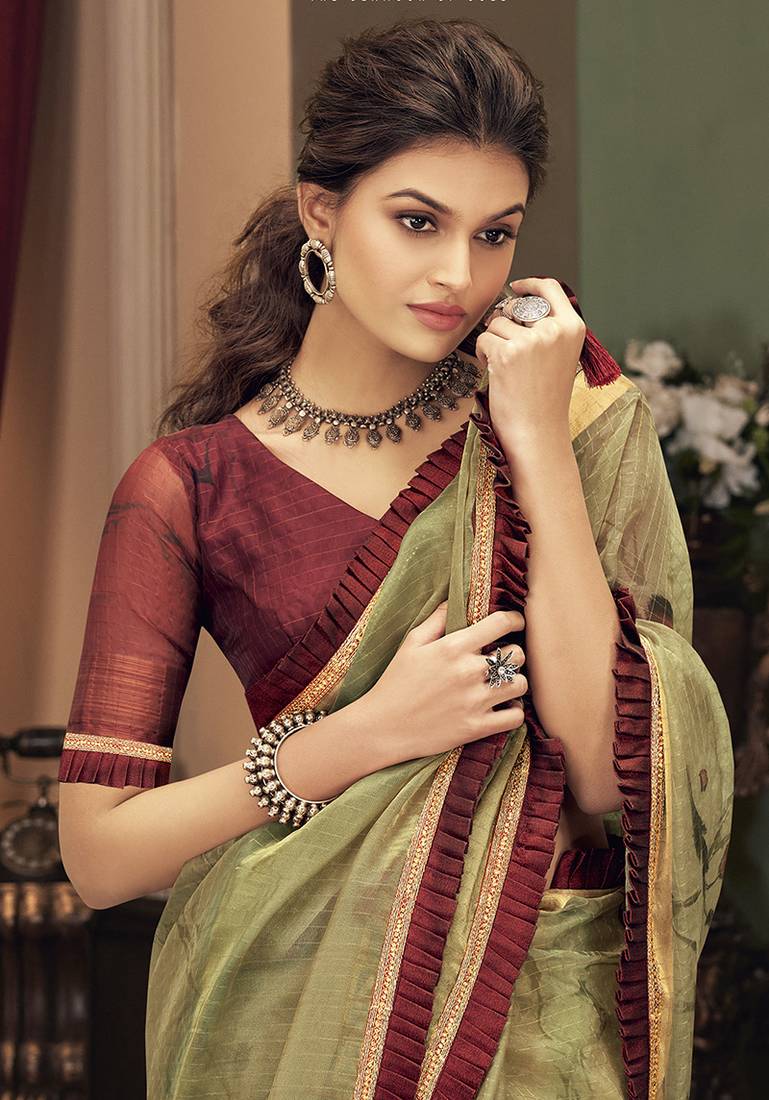 Women's Silk Blend Olive Woven Design Designer Saree With Blouse Piece main image 0