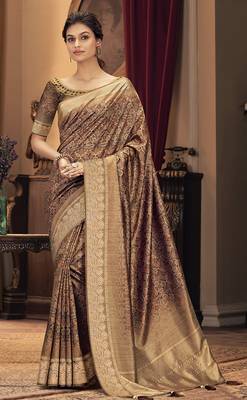 Chiku printed silk saree with blouse 1