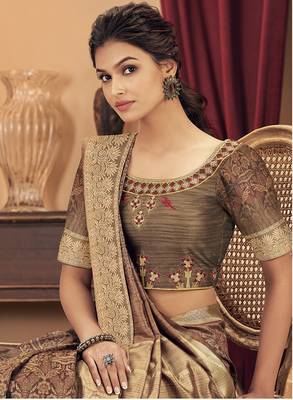 Chiku printed silk saree with blouse 2