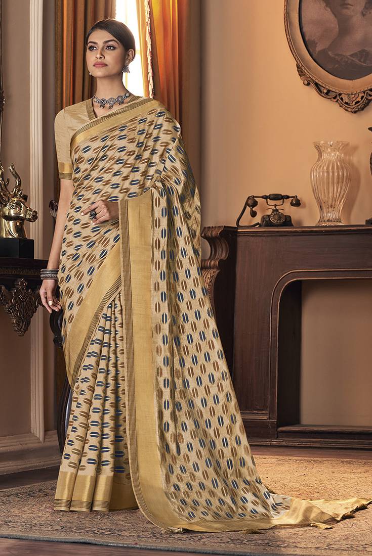 Women's Silk Blend Beige Woven Design Designer Saree With Blouse Piece