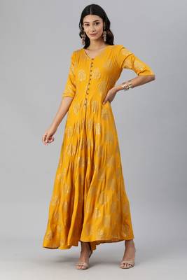 Yellow printed viscose rayon long-dresses 1