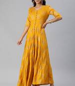 Yellow printed viscose rayon long-dresses