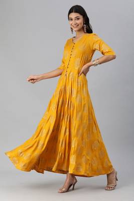 Yellow printed viscose rayon long-dresses 2