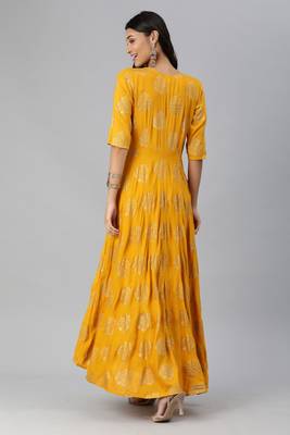 Yellow printed viscose rayon long-dresses 3
