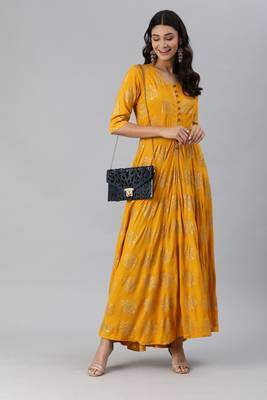 Yellow printed viscose rayon long-dresses 4