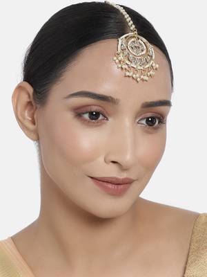 Traditional Gold Plated Kundan & Pearl Maang Tikka For Women  2