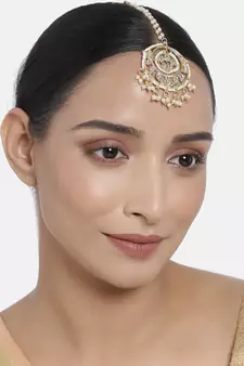 Traditional Gold Plated Kundan & Pearl Maang Tikka For Women 