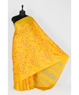 yellow Handloom Bhagalpuri embroidered silk saree withembroidery work 3