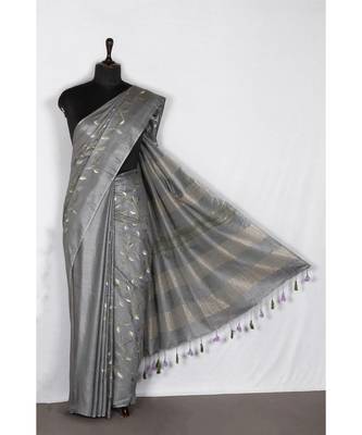 grey Handloom Bhagalpuri embroidered silk saree with embroidery work 1