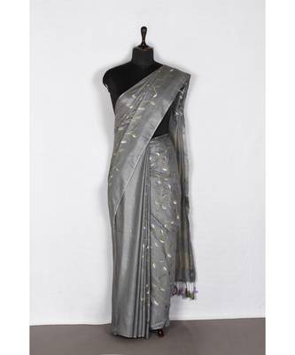 grey Handloom Bhagalpuri embroidered silk saree with embroidery work 2