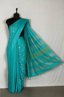 blue Handloom Bhagalpuri embroidered silk saree with embroidery work