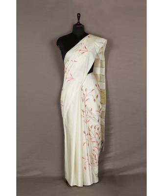 white Handloom Bhagalpuri embroidered silk saree with embroidery work 1