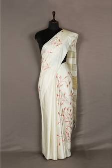 white Handloom Bhagalpuri embroidered silk saree with embroidery work