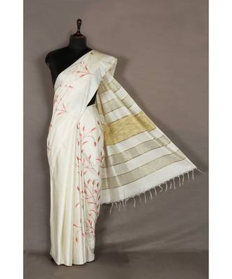 white Handloom Bhagalpuri embroidered silk saree with embroidery work 2