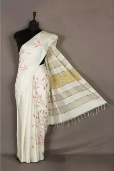 white Handloom Bhagalpuri embroidered silk saree with embroidery work