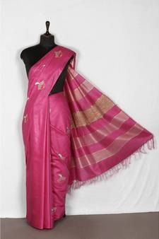 pink Handloom Bhagalpuri embroidered silk saree with embroidery work