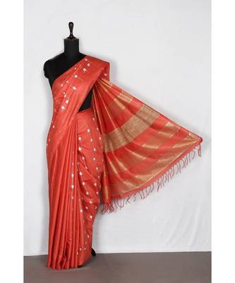 red Handloom Bhagalpuri embroidered silk saree with embroidery work 1
