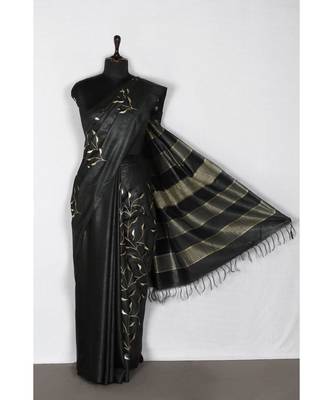 black Handloom Bhagalpuri embroidered silk saree with embroidery work 1