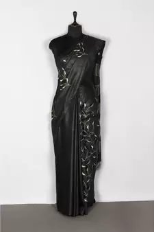black Handloom Bhagalpuri embroidered silk saree with embroidery work