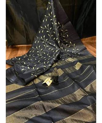 black Handloom Bhagalpuri embroidered silk saree with embroidery work 3