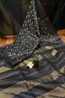 black Handloom Bhagalpuri embroidered silk saree with embroidery work
