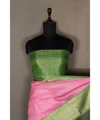pink Handloom Banarsi Linen Saree with Blouse Piece 1