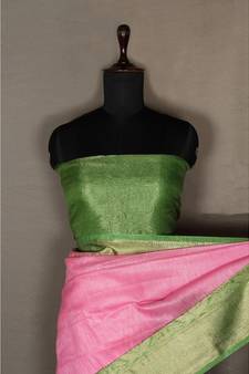 pink Handloom Banarsi Linen Saree with Blouse Piece