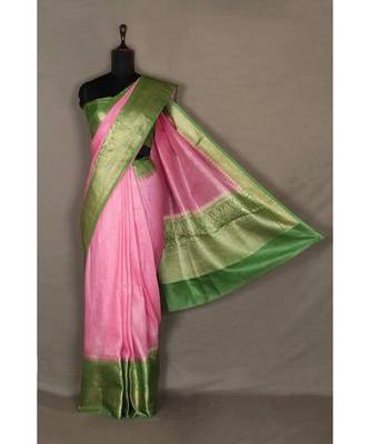 pink Handloom Banarsi Linen Saree with Blouse Piece 2