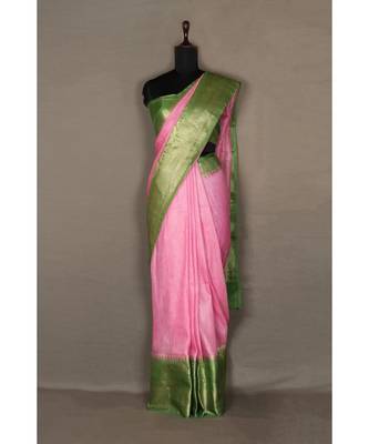 pink Handloom Banarsi Linen Saree with Blouse Piece 3