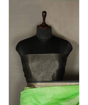 green Handloom Banarsi Linen Saree with Blouse Piece 2