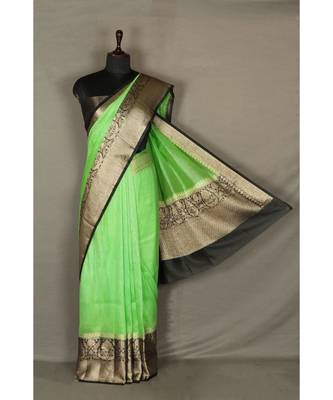 green Handloom Banarsi Linen Saree with Blouse Piece 3