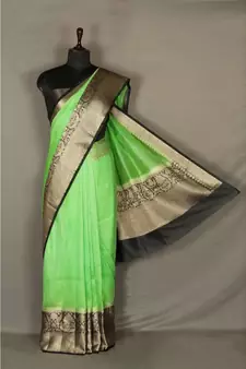 green Handloom Banarsi Linen Saree with Blouse Piece