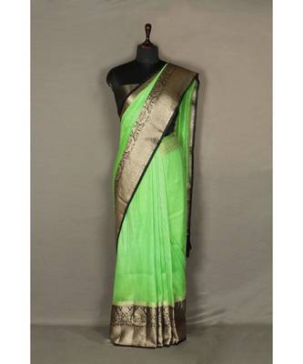 green Handloom Banarsi Linen Saree with Blouse Piece 1