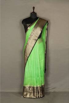 green Handloom Banarsi Linen Saree with Blouse Piece