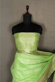 green Handloom Banarsi Linen Saree with Blouse Piece