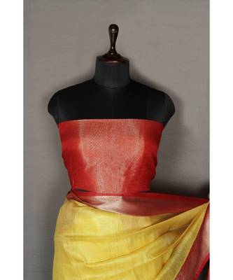 yellow Handloom Banarsi Linen Saree with Blouse Piece 1