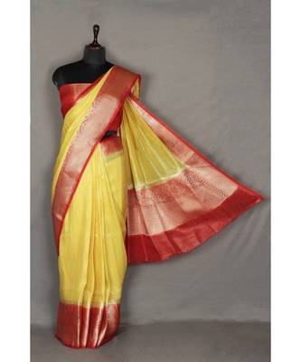 yellow Handloom Banarsi Linen Saree with Blouse Piece 2
