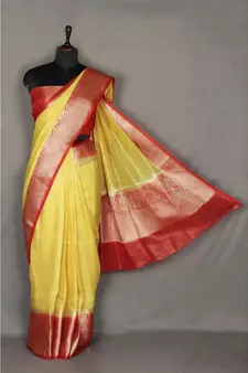 yellow Handloom Banarsi Linen Saree with Blouse Piece