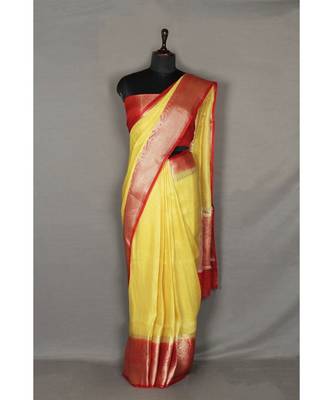 yellow Handloom Banarsi Linen Saree with Blouse Piece 3