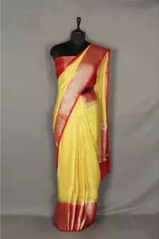 yellow Handloom Banarsi Linen Saree with Blouse Piece