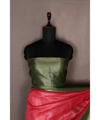 pink Handloom Banarsi Linen Saree with Blouse Piece 1