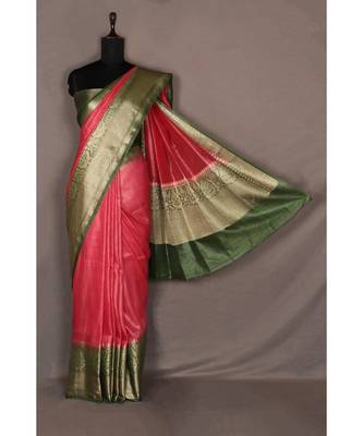 pink Handloom Banarsi Linen Saree with Blouse Piece 3