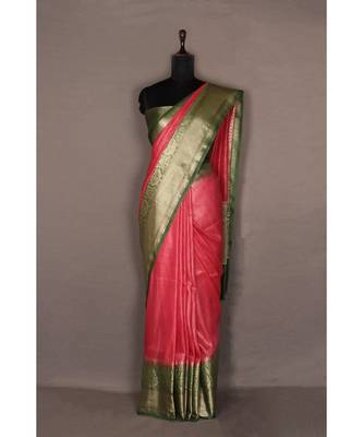 pink Handloom Banarsi Linen Saree with Blouse Piece 2