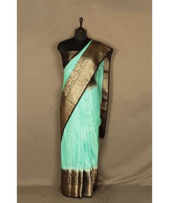 green Handloom Banarsi Linen Saree with Blouse Piece 1