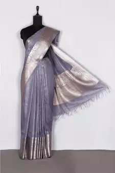 blue Handloom Banarsi Linen Saree with Blouse Piece