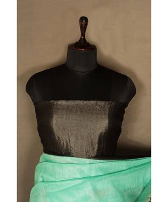 green Handloom Banarsi Linen Saree with Blouse Piece 1