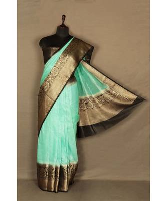 green Handloom Banarsi Linen Saree with Blouse Piece 2