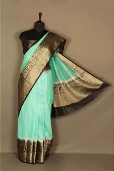 green Handloom Banarsi Linen Saree with Blouse Piece