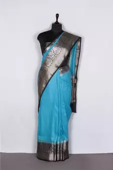 blue Handloom Banarsi Linen Saree with Blouse Piece